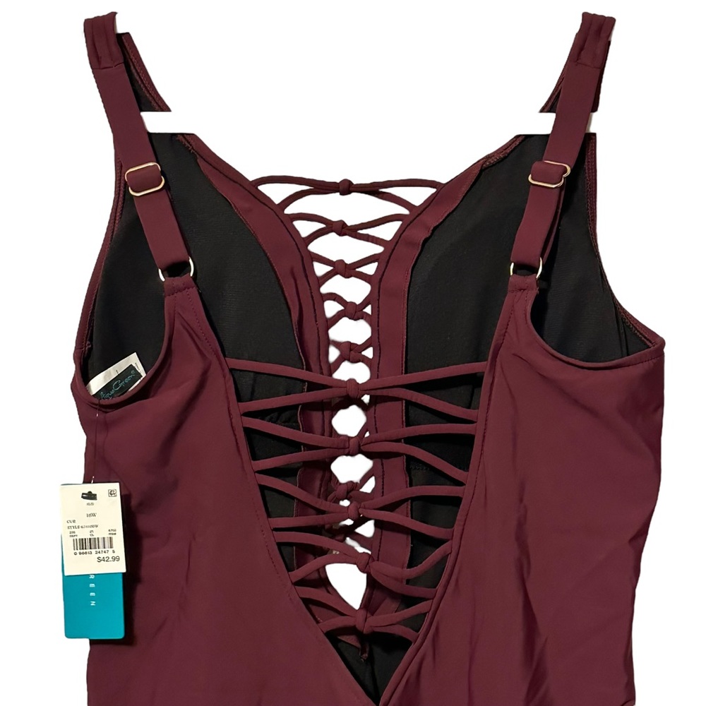 Aqua Green Lace Up One Piece Swimsuit 18W Plus Plunge Resort Coastal Beach NWT - Picture 8 of 14